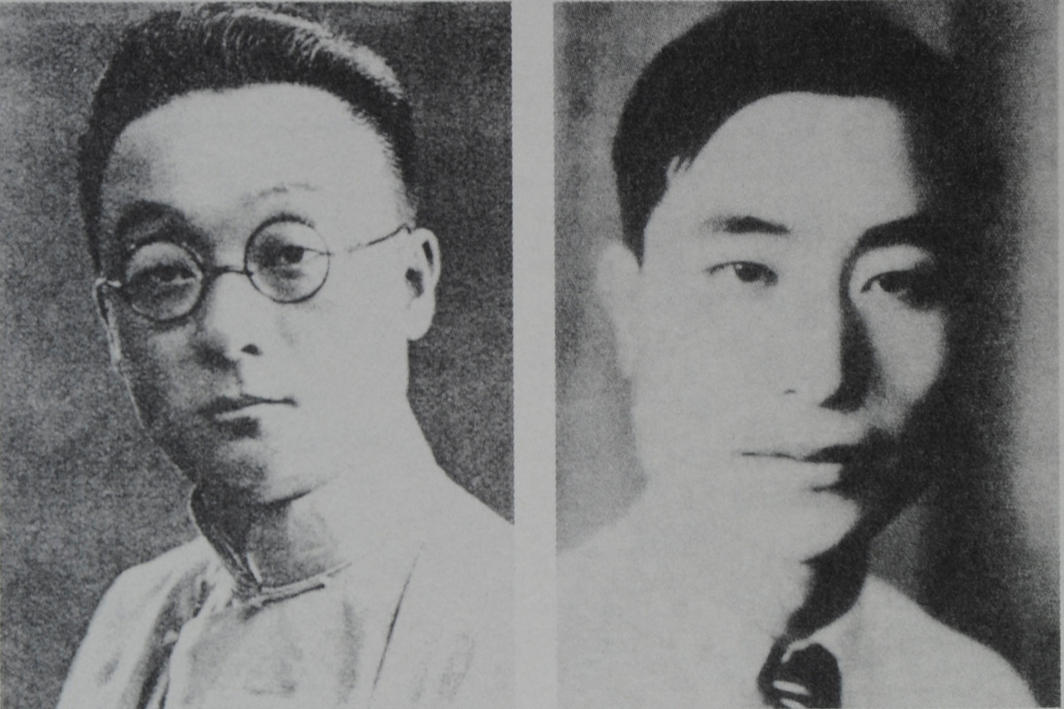 图为西南联大校歌词曲作者罗庸(左)张清常(右.
